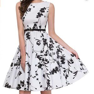 GRACE KARIN 1950s Vintage White & Black Floral A-line Dress Tea Length
